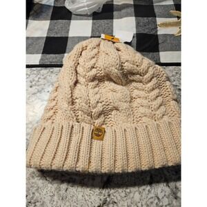 Timberland Women Beige Cable Knit Beanie Hat Fleece Lined OS